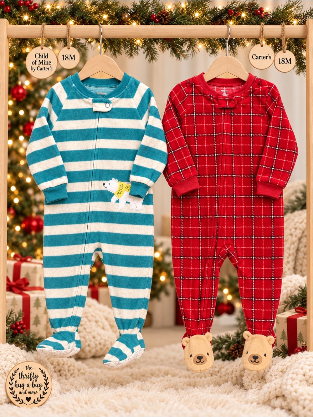 Carter’s 18M Fleece Footed Sleeper Bundle Red Plaid Bear Teal Polar Bear 2 PJs